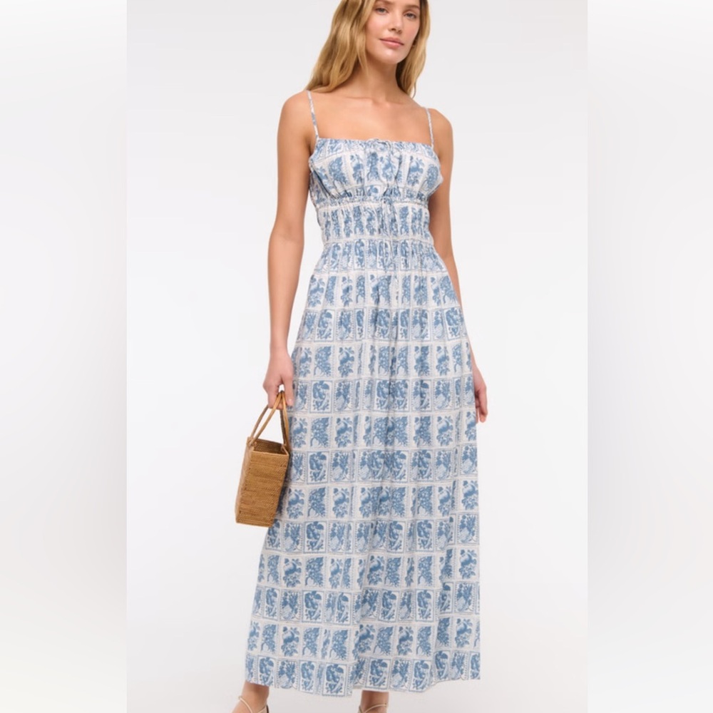NWT Abercrombie Smocked Tie front Maxi Dress - blue and white print